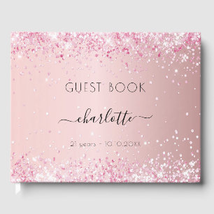 Birthday blush pink glitter dust monogram guest book