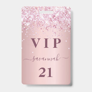 Birthday blush pink glitter dust name vip ID badge