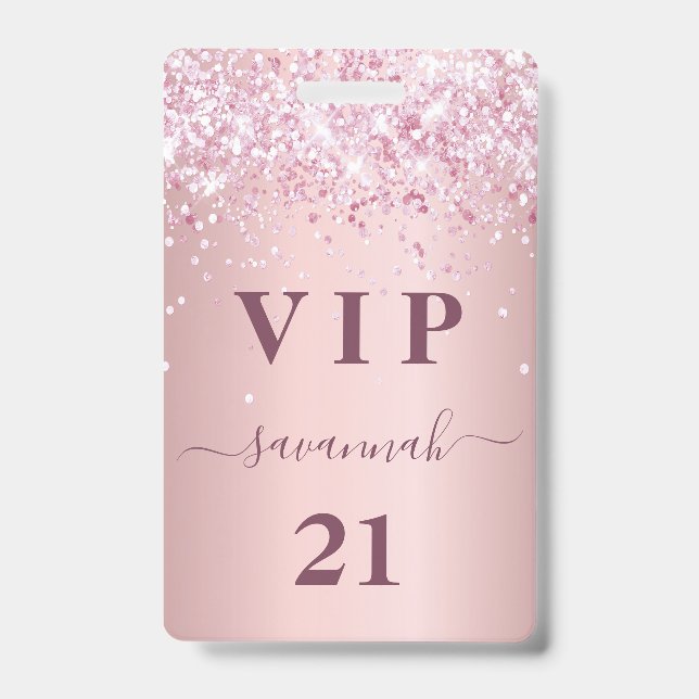 Birthday blush pink glitter dust name vip ID badge (Front)