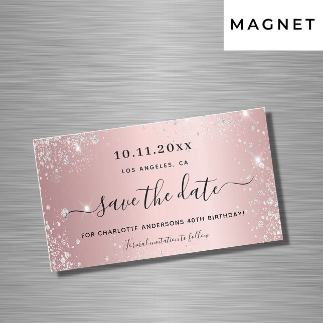 Birthday blush pink glitter save the date magnet (Creator Uploaded)