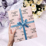 Birthday blush pink gold name script wrapping paper<br><div class="desc">A blush pink background with golden dots,  sparkles,  black text. Personalise and add a name and age.  A modern hand lettered style script.</div>