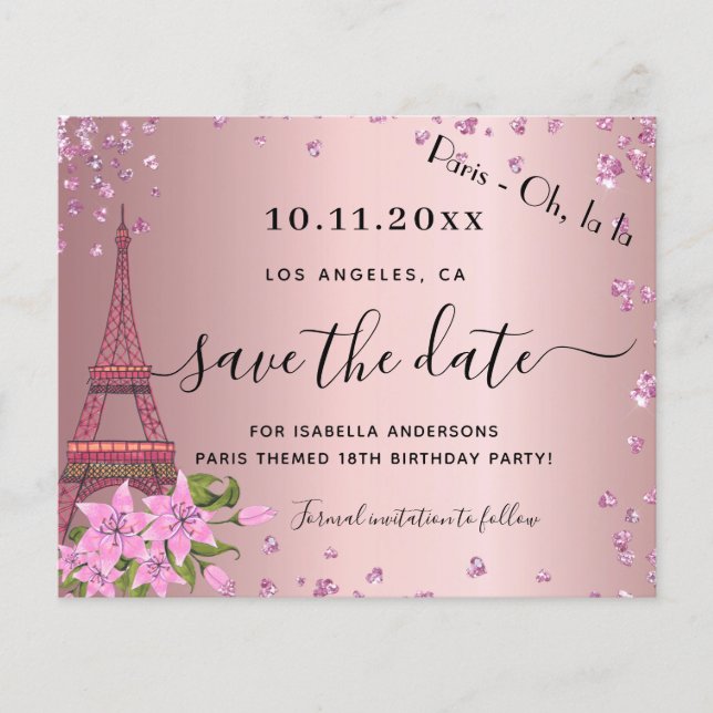 Birthday blush pink paris budget save the date flyer (Front)