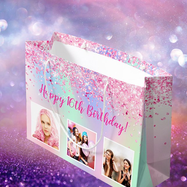 Birthday blush pink purple holographic photo large gift bag (Creator Uploaded)