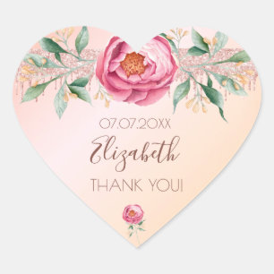 Birthday blush pink rose floral glitter thank you heart sticker
