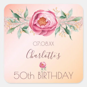 Birthday blush pink rose gold floral name square sticker