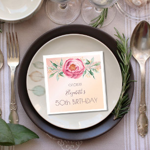 Birthday blush pink rose gold glitter florals napkin