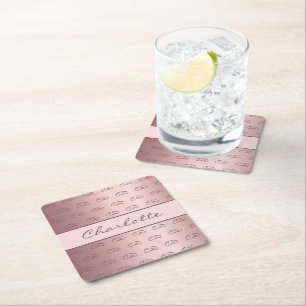 Birthday blush pink rose monogram initials name square paper coaster