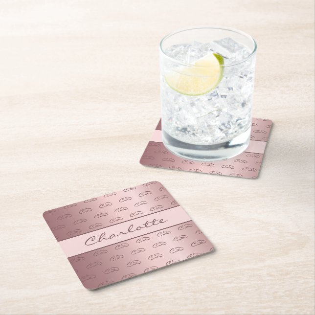 Birthday blush pink rose monogram initials name square paper coaster (Insitu)