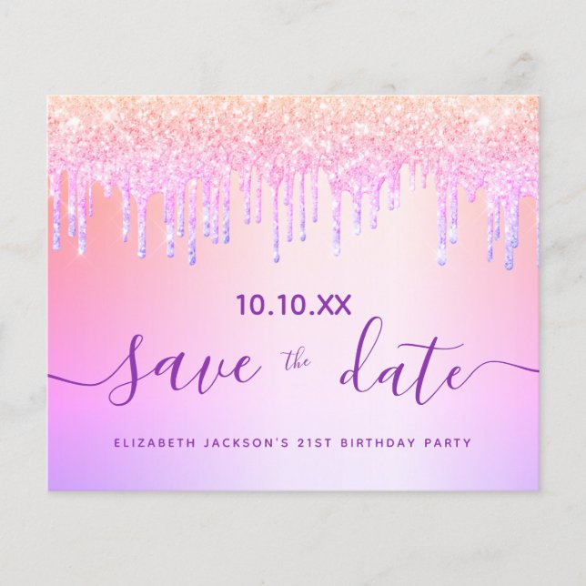 Birthday blush purple glitter budget save the date flyer (Front)