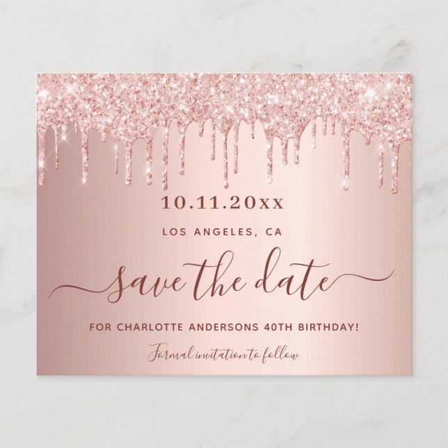 Birthday blush rose glitter budget Save the Date Flyer (Front)