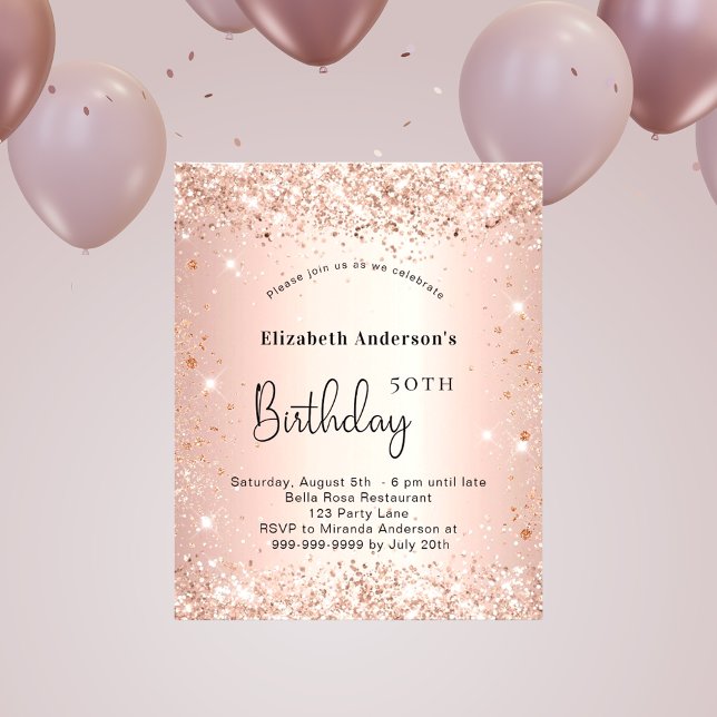 Birthday blush rose gold glitter budget invitation flyer (Creator Uploaded)