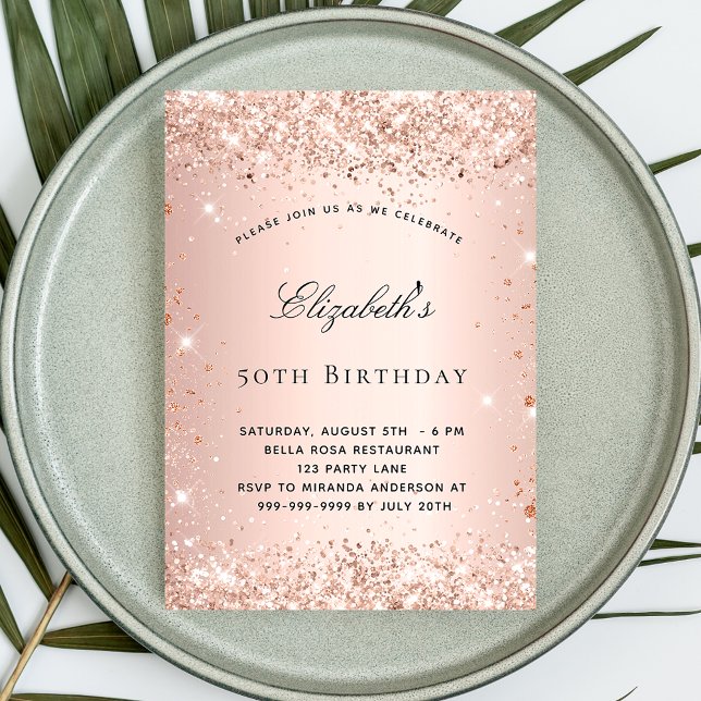 Birthday blush rose gold glitter elegant script invitation (Creator Uploaded)