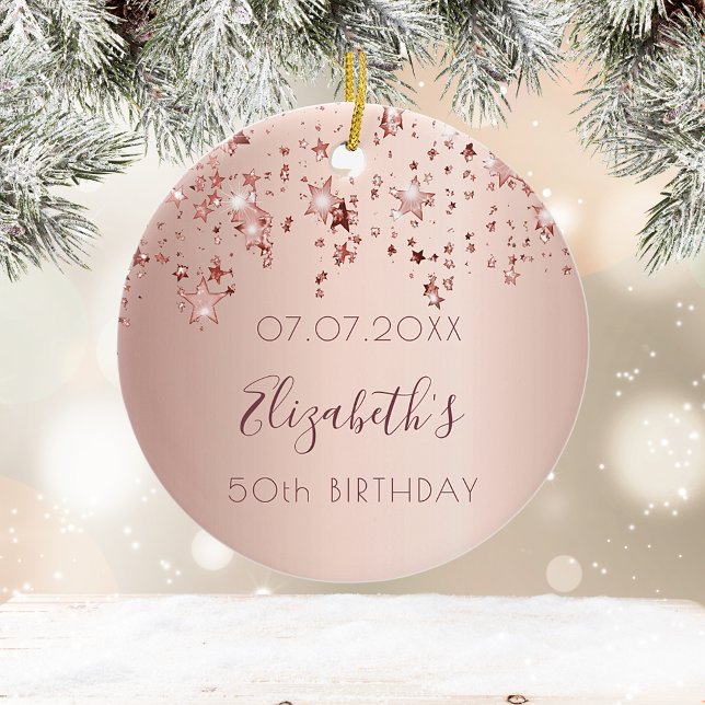 Birthday blush rose gold shiny stars glittery ceramic ornament (Creator Uploaded)