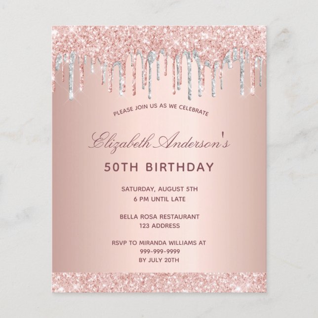 Birthday blush rose gold silver budget invitation flyer (Front)