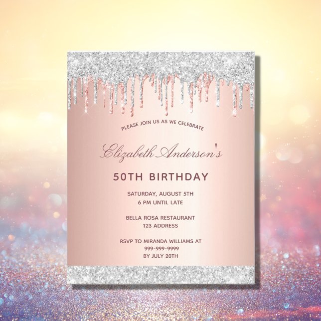 Birthday blush rose gold silver budget invitation flyer (Creator Uploaded)