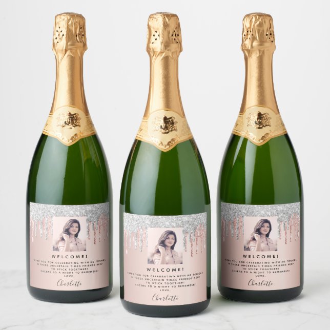Birthday blush rose gold silver welcome photo sparkling wine label (Bottles)