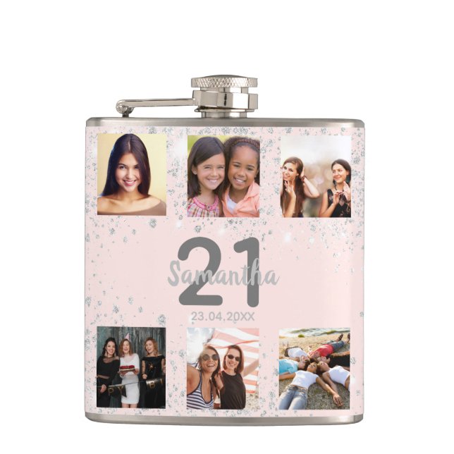 Birthday blush silver glitter photo collage name hip flask (Front)