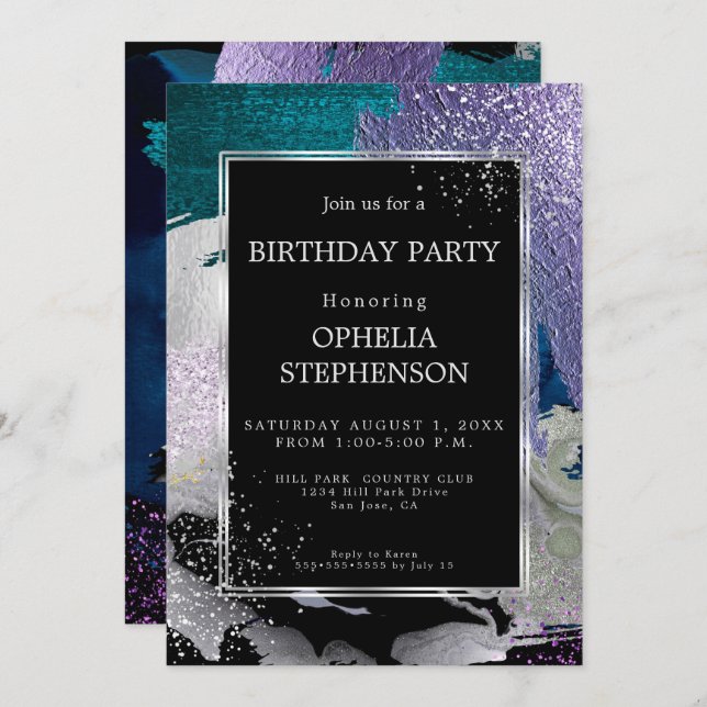 Birthday | Bold Violet Teal Brush Strokes Invitation (Front/Back)