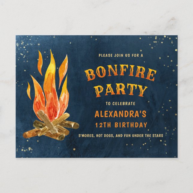 Birthday Bonfire Party Watercolor Invitation Postcard (Front)