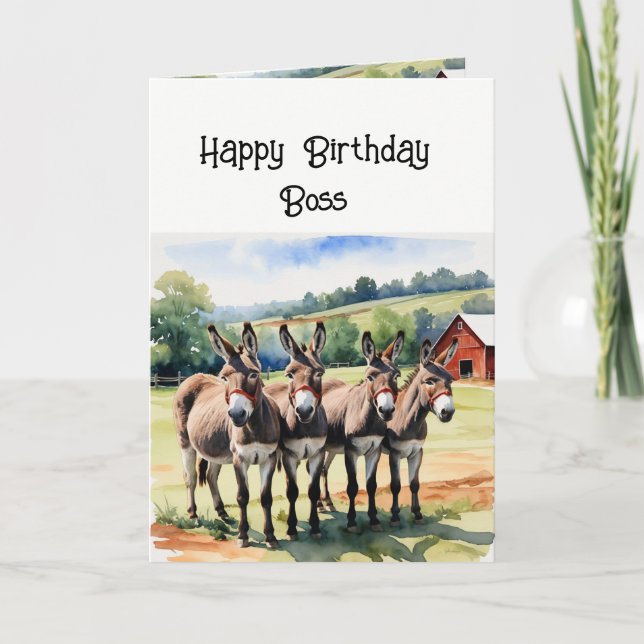 Birthday Boss From All of Us Animal Donkey Humour Holiday Card (Front)