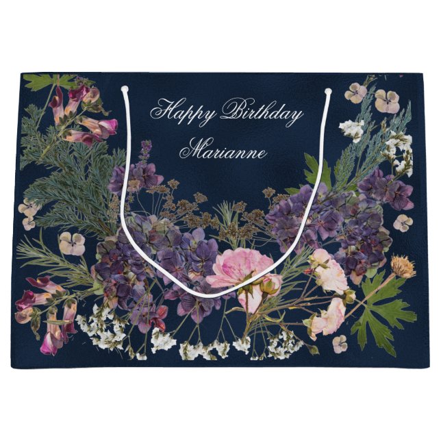 Birthday Botanical Floral on Dark Navy Blue Large Gift Bag (Front)