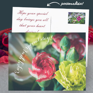 Birthday bouquet: pink and yellow carnations postcard