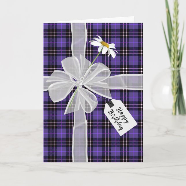 Birthday Bow with Daisy On Tartan Plaid   Card (Front)