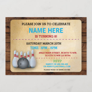 Birthday Bowling Invite Party Invitation Wood