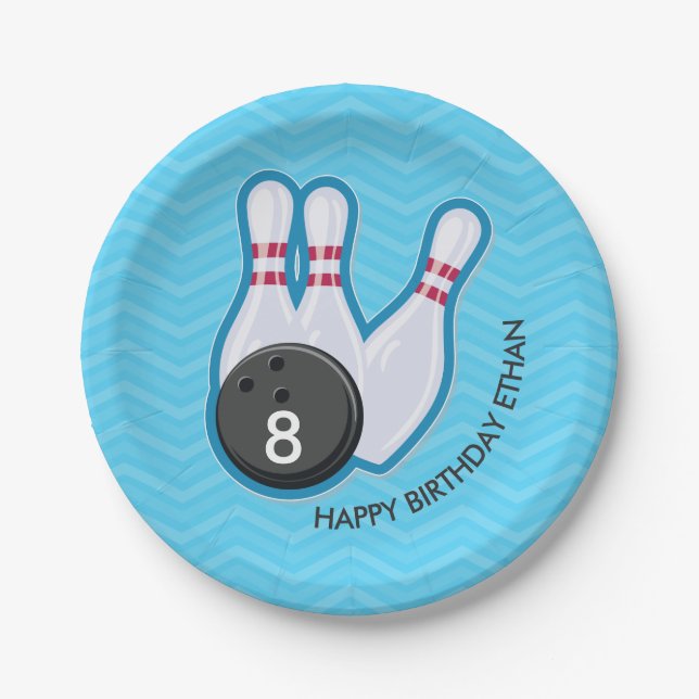 Birthday Bowling Party Chevron Blue Plate (Front)
