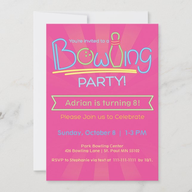 Birthday Bowling Party-Pink Invitation (Front)