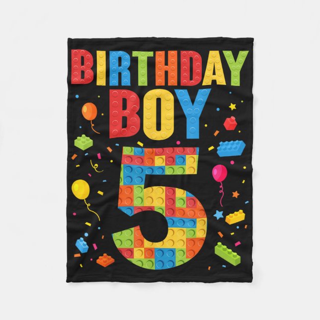 Birthday Boy 5 Year Old Building Blocks 5th Birthd Fleece Blanket (Front)