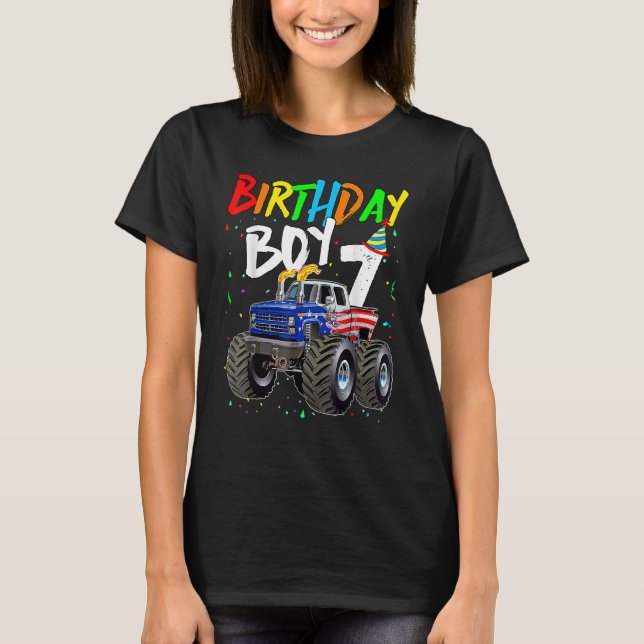 Birthday Boy 7 Year Old Monster Truck Flag 7th Bir T-Shirt (Front)