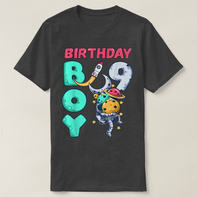 Birthday Boy 9 Year Old, Astronaut, Space Rocket,  T-Shirt (Design Front)