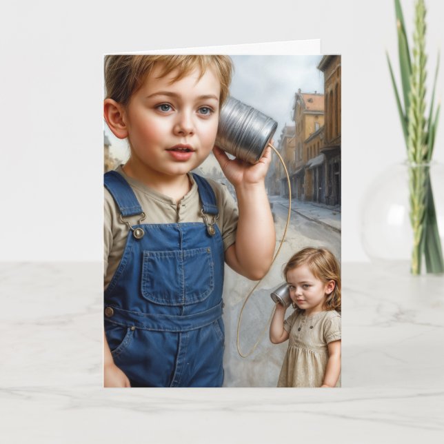 Birthday Boy and Girl With Tin Can Telephone Card (Front)