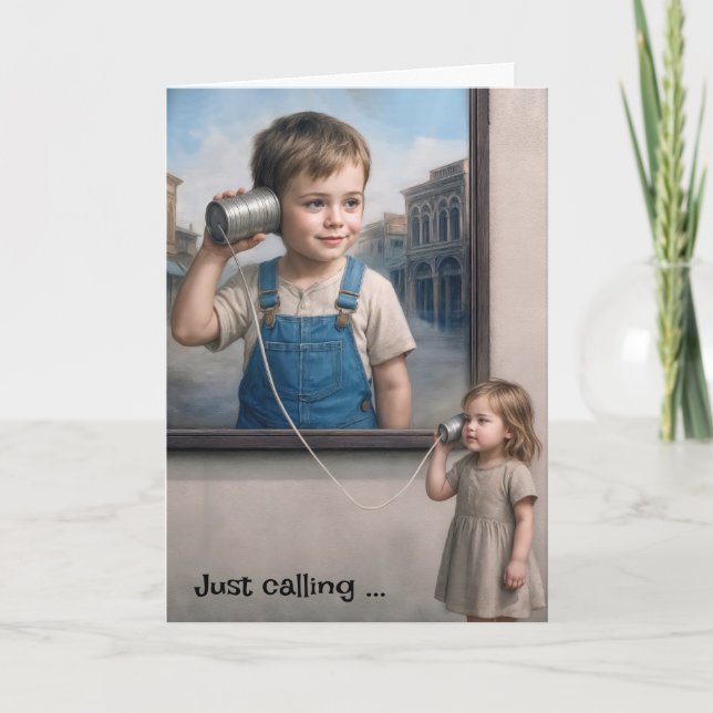 Birthday Boy and Girl With Tin Can Telephones Card (Front)