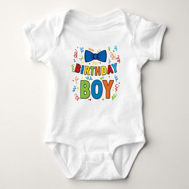 Birthday Boy Baby party shirt Bow Tie and confetti (Front)