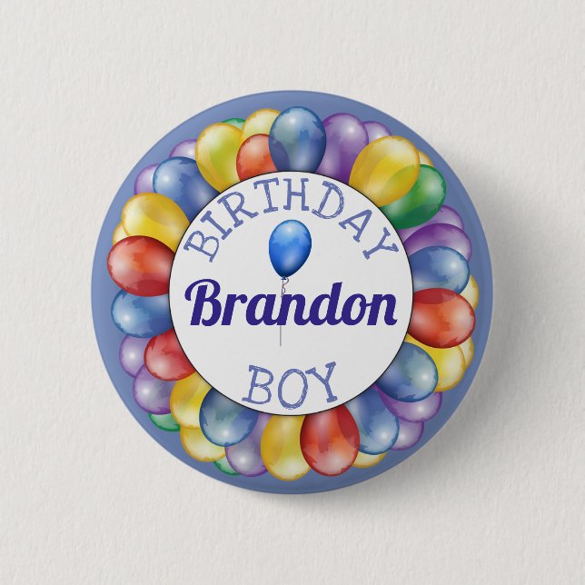 Birthday Boy Balloons Button Blue Yellow Green (Front)