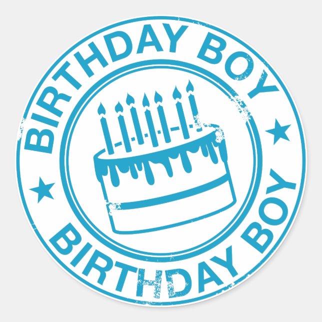 Birthday Boy -blue rubber stamp effect- Classic Round Sticker (Front)