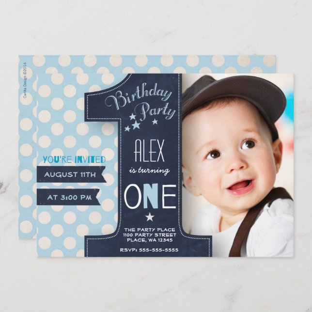 Birthday boy chalkboard One First Invitation (Front/Back)