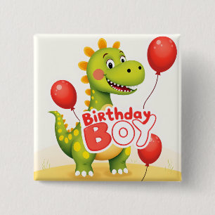 Birthday Boy Cute Dinosaur with Red Balloons 15 Cm Square Badge