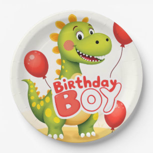 Birthday Boy Cute Dinosaur with Red Balloons Paper Plate
