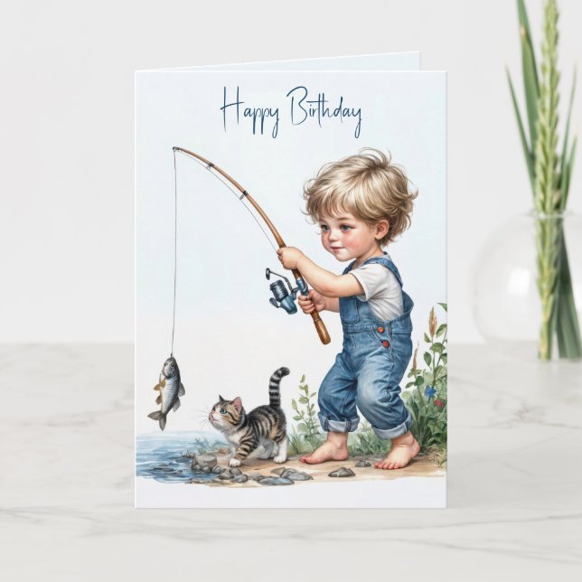 Birthday Boy Fishing With Kitten Card (Front)