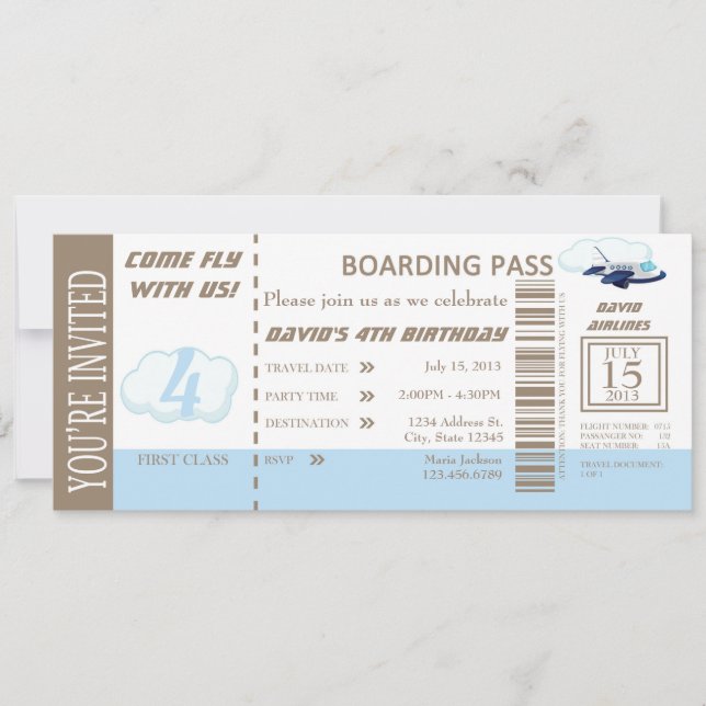 Birthday Boy Flight Ticket Invite Customisable (Front)
