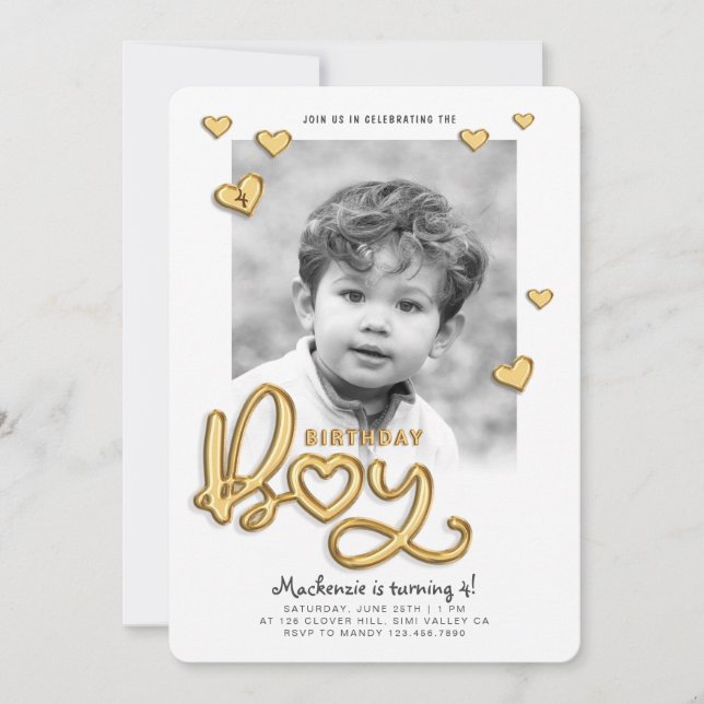 Birthday Boy Gold Foil Balloon Text Photo Invitation (Front)