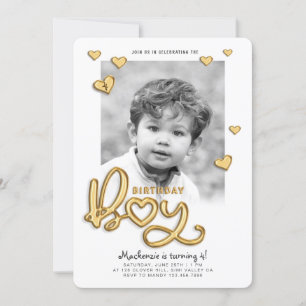 Birthday Boy Gold Foil Balloon Text Photo Invitation