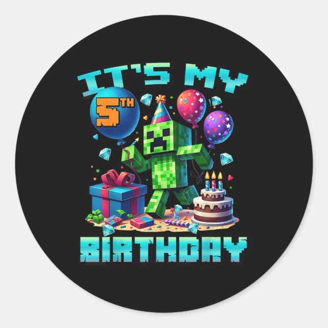 Birthday Boy Its My 5th Birthday Gamer Pixel Numbe Classic Round Sticker (Front)