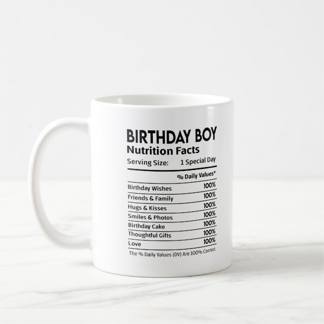 Birthday Boy Nutritional Label Coffee Mug (Left)