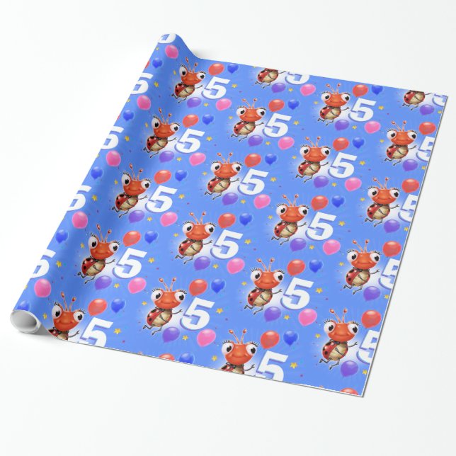 Birthday Boy or Girl age 5 Ladybug wrapping paper. Paper (Unrolled)