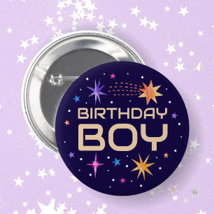 Birthday Boy Outer Space Stars Dark Purple 6 Cm Round Badge