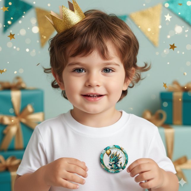 Birthday Boy Personalised Teal and Gold Dragon 6 Cm Round Badge (Creator Uploaded)